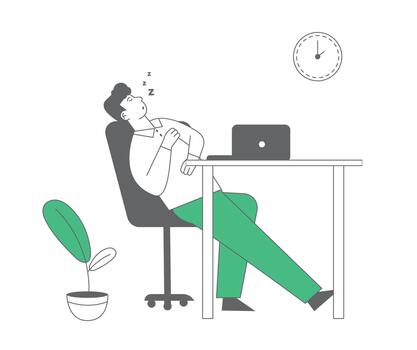 Procrastination, Overwork Burnout Symptom Concept. Lazy, Boring or Tired Businessman with Low Life Energy Sleep at Working Place Lying on Desk with Computer Cartoon Flat Illustration, Line Art vector