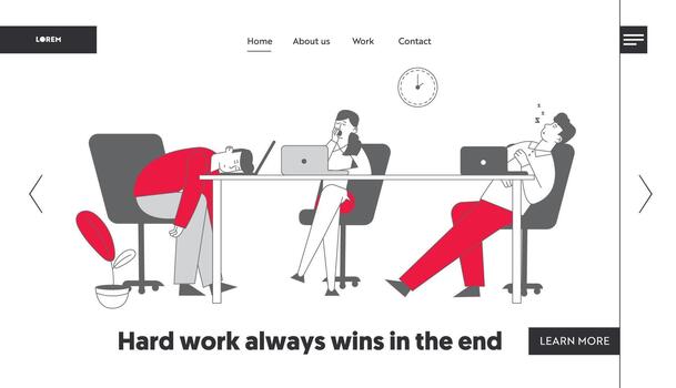 Procrastination, Laziness Website Landing Page. Boring, Procrastinating and Lazy Businesspeople Employees Sleeping and Yawning at Workplace Web Page Banner. Cartoon Flat Illustration, Line Art vector
