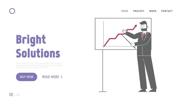 Presentation Conference, Business Meeting Website Landing Page. Trainer Giving Financial Consultation at Whiteboard with Data Analysis Chart Web Page Banner. Cartoon Flat Illustration, Line Art vector