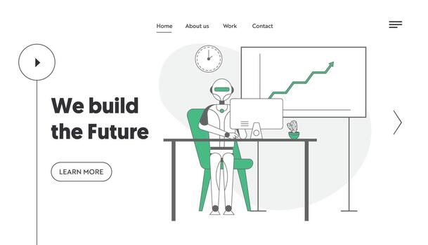 artificial inteligencia en humano vida sitio web aterrizaje página. robot sentado a escritorio con computadora trabajo en oficina. inteligente dispositivos automatizacion web página bandera. dibujos animados plano ilustración, línea Arte vector