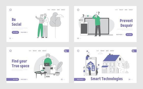 People Using Smart Devices and Technologies Website Landing Page Set. Characters Use Gadgets, Making Selfie, Chatting on Laptop at Home. Web Page Banner. Cartoon Flat Illustration, Line Art vector
