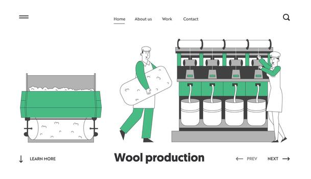 Wool Textile Industry Website Landing Page. Factory Workers in Uniform Standing Near Controlling Weaver Loom Creating Cloth. Plant Facilities Web Page Banner. Cartoon Flat Illustration Line Art vector