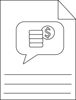 un documento muestra un habla burbuja conteniendo apilado monedas y un dólar símbolo encima líneas vector