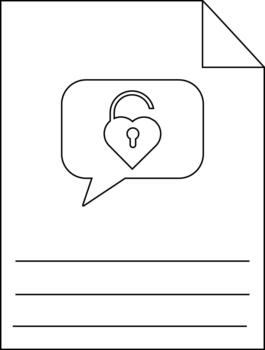 A document shows an open heartshaped padlock in a chat bubble and three horizontal lines for writing vector