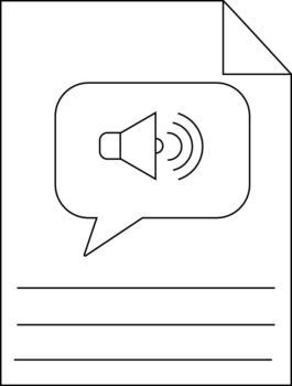 A document with a folded corner displays a speech bubble enclosing a speaker icon above horizontal lines vector