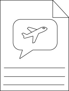 A graphic shows a page with a curled corner a speech bubble with a plane and lines vector