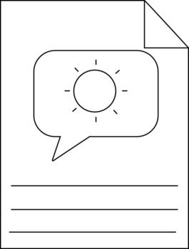 A document with lines a curled page corner and a speech bubble containing a sun symbol vector