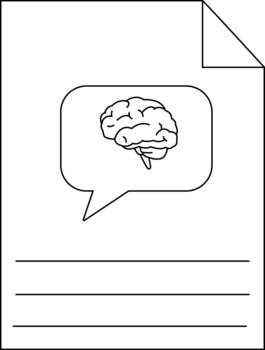 A page shows a brain in a speech bubble over blank lines with a folded corner vector
