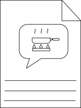 A page with a cooking icon in a speech bubble and lines below a corner folded vector