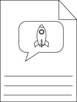 A sheet of paper with a speech bubble containing a rocket with lines below vector