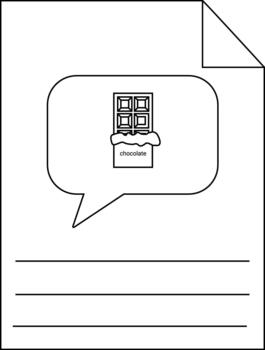 blanco y negro dibujo de un página con un chocolate bar en un habla burbuja y blanco líneas a el fondo vector