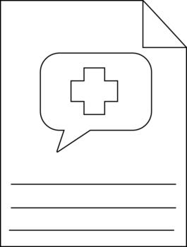 Document with speech bubble containing a medical cross lines below and a folded corner vector