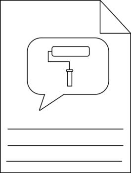 Outline of document with folded corner speech bubble with paint roller and lines vector