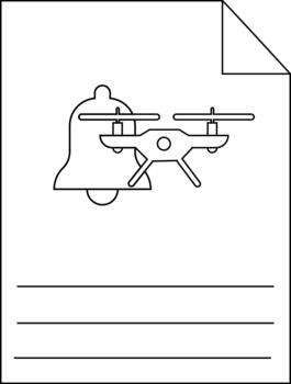 A document displays a drone atop a bell with lines beneath A folded corner is present vector