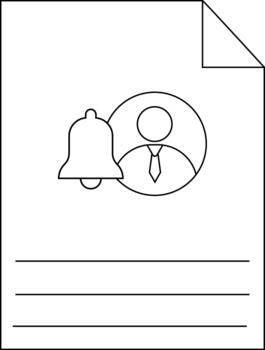 A document with a folded corner features a bell and a person icon above blank lines vector