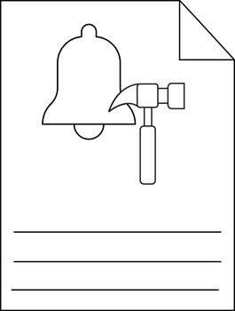 Black and white image shows a bell and a hammer on a document with three lines vector