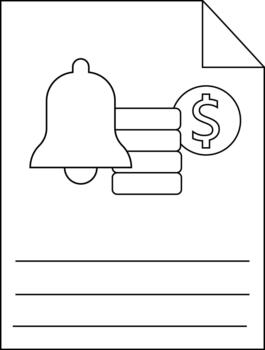 Paper icon displaying bell coin stack dollar sign a curled page corner with lines underneath vector