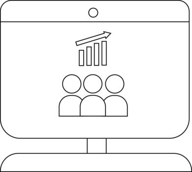A computer monitor displays a graph with an upward arrow and three stylized figures of people vector