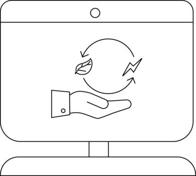 A computer monitor displays a hand below a leaf and lightning bolt in a circular flow symbolizing renewable energy vector