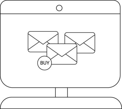 un computadora pantalla muestra Tres sobres y un comprar botón demostración un simplista gráfico vector