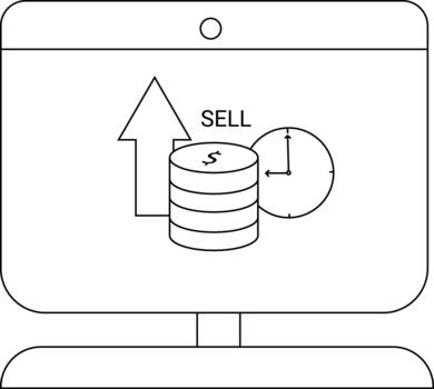 un escritorio monitor muestra el palabra vender con un flecha monedas y reloj íconos vector
