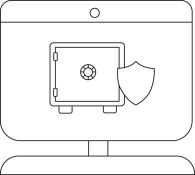 A line drawing depicts a computer monitor displaying a safe with a shield suggesting online security vector