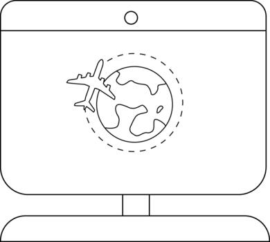 un monitor mostrando un globo rodeado por un rayado línea y un avión vector