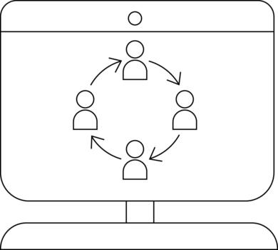 A monitor screen displays four figures arranged in a circle with arrows showing clockwise interaction vector