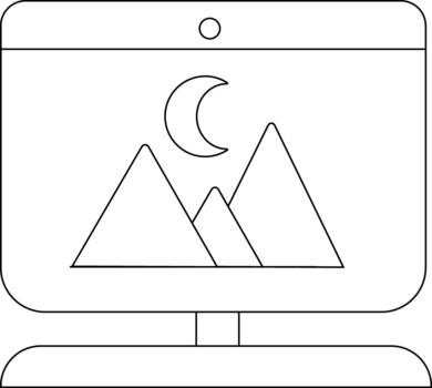 An outlined computer monitor displays an image of mountains and a crescent moon on the screen vector