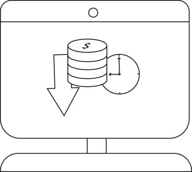 Monitor displaying a stack of coins marked with an arrow pointing downward and a clock vector