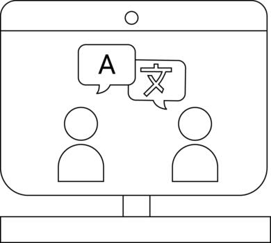 Digital illustration of a call with two individuals communicating in different languages on a computer screen vector