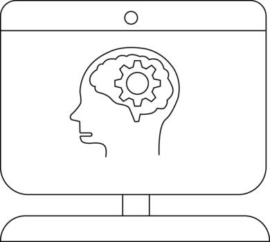 A computer monitor displaying a profile of a head with a brain containing a gear vector