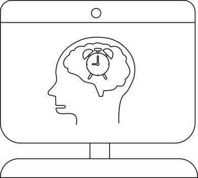 A computer monitor displays a head profile containing a brain with an alarm clock inside vector