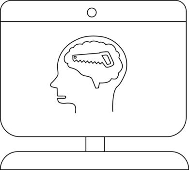 A black and white drawing of a computer screen displaying a head with a saw inside the brain vector