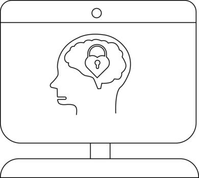 A computer monitor displays a human head with a brain containing a heartshaped padlock vector