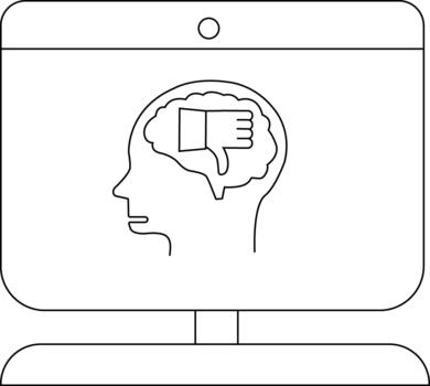 un computadora pantalla muestra un cabeza perfil con un cerebro conteniendo un Pulgar hacia abajo icono vector