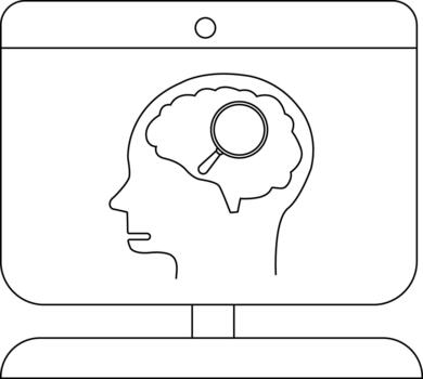 A monitor displays a brain with a magnifying glass inside suggesting introspection or analysis vector
