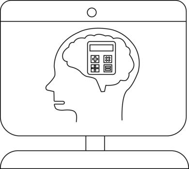 A monitor displays a head profile with a brain filled with a calculator graphic vector