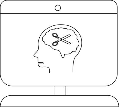 A monitor displays a head with a brain containing scissors vector