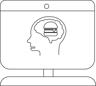 un monitor muestra un cabeza contorno con un hamburguesa para un cerebro en contra un blanco antecedentes vector