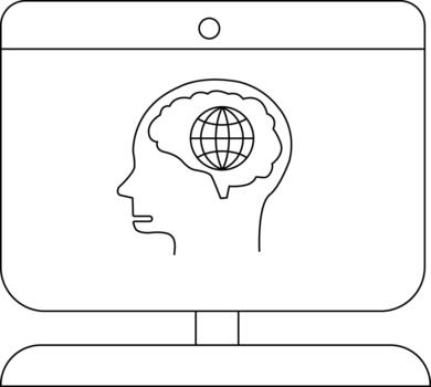 un contorno dibujo de un computadora monitor mostrando un cabeza perfil con un globo dentro el cerebro vector