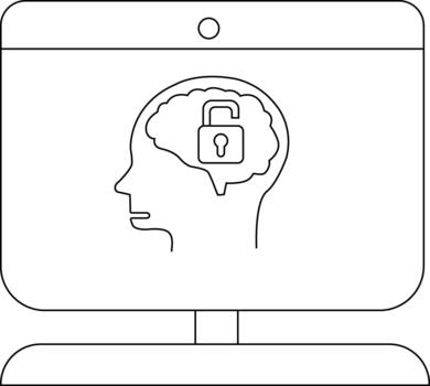 Computer monitor showing a head silhouette with brain and padlock inside set on a stand vector