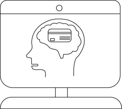 monitor mostrando cabeza silueta con crédito tarjeta dentro el cerebro contorno vector