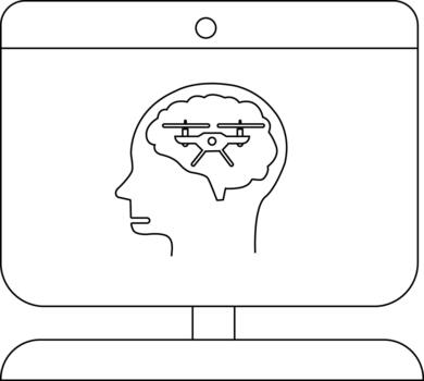 Monitor displays head profile with a drone inside the brain shape Minimalist line art vector