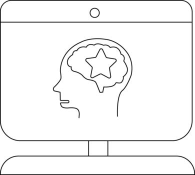 Outline of a computer monitor displaying a head outline with a brain and star shape inside vector