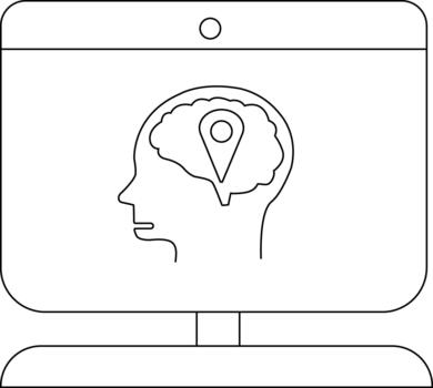 contorno de un computadora pantalla con un cabeza conteniendo un cerebro forma con un ubicación marcador símbolo vector