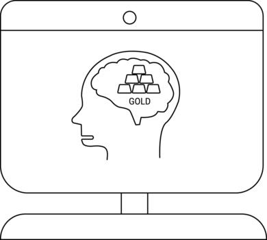 Outline of a monitor displaying a head with gold bars and the word GOLD in its brain vector