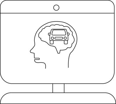 A computer screen displays a head profile with a car inside the brain vector
