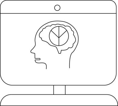 A computer monitor displays a head profile brain containing a pie chart with lines vector