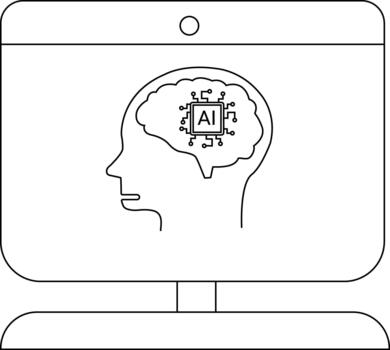 A computer screen displays a human head outline filled with a brain and an AI chip vector
